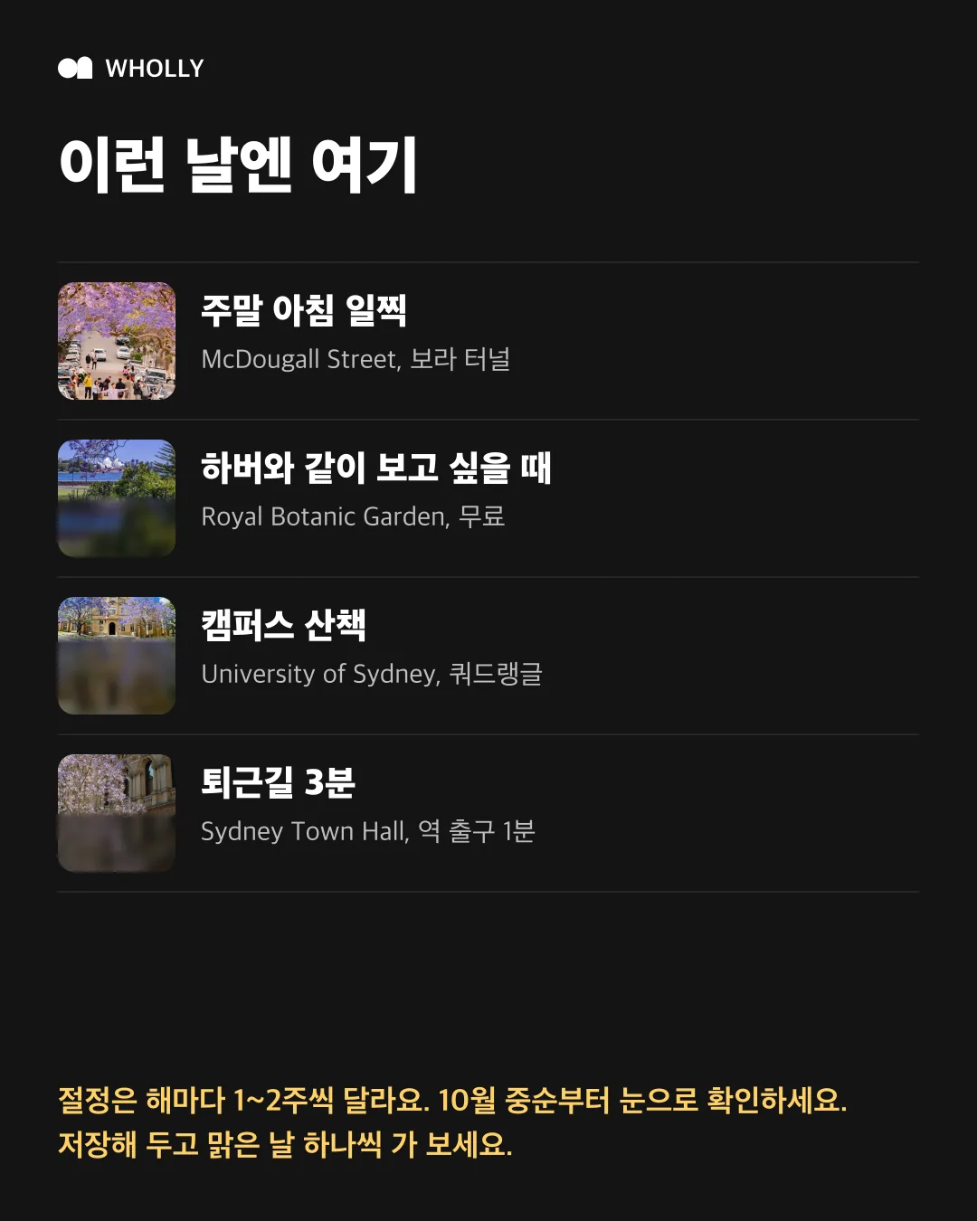 네 곳을 상황별로 정리한 카드와 개화 시기 확인 안내