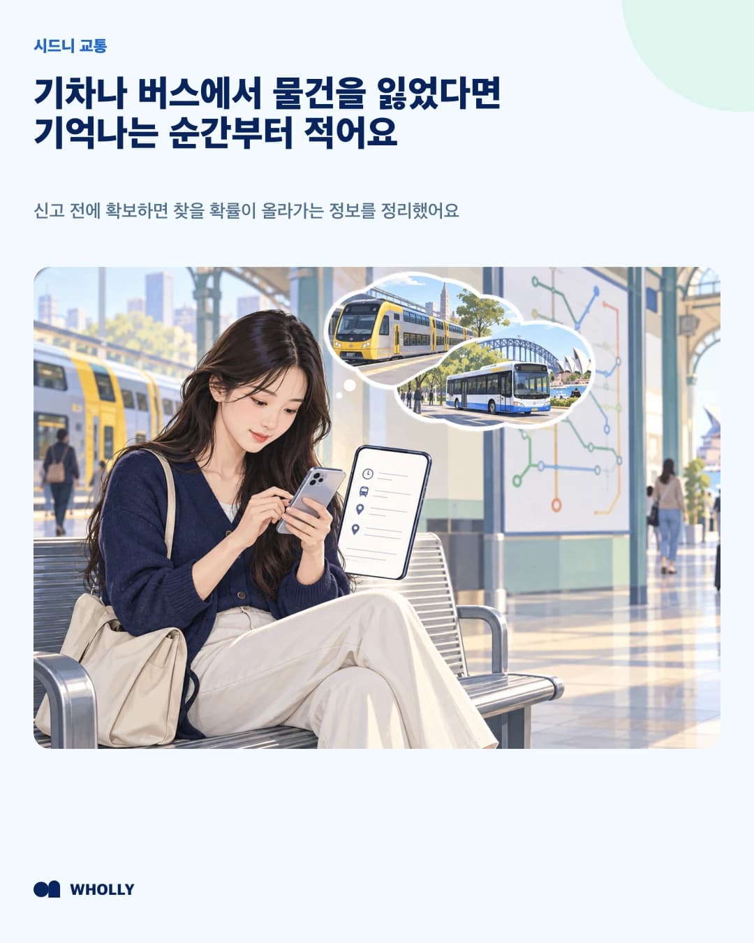 기차나 버스에서 물건을 잃은 직후 이동 정보를 기록하는 상황을 소개하는 진입 표지