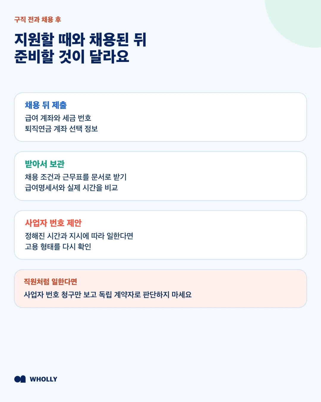 구직 전 비자와 임금 조건, 채용 후 제출할 서류를 구분한 안내